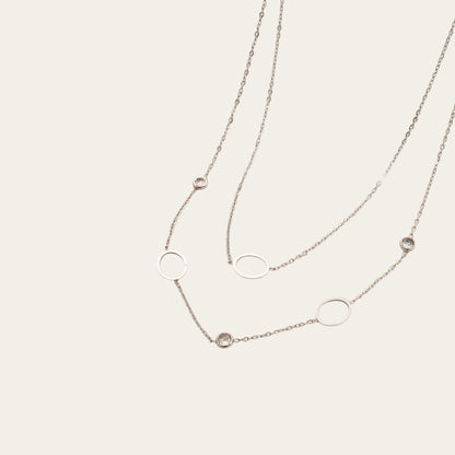 Time4Me silver-tone double chain necklace featuring delicate circular rings and sparkling rhinestone accents