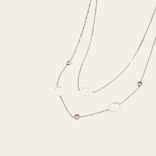 Time4Me silver-tone double chain necklace featuring delicate circular rings and sparkling rhinestone accents