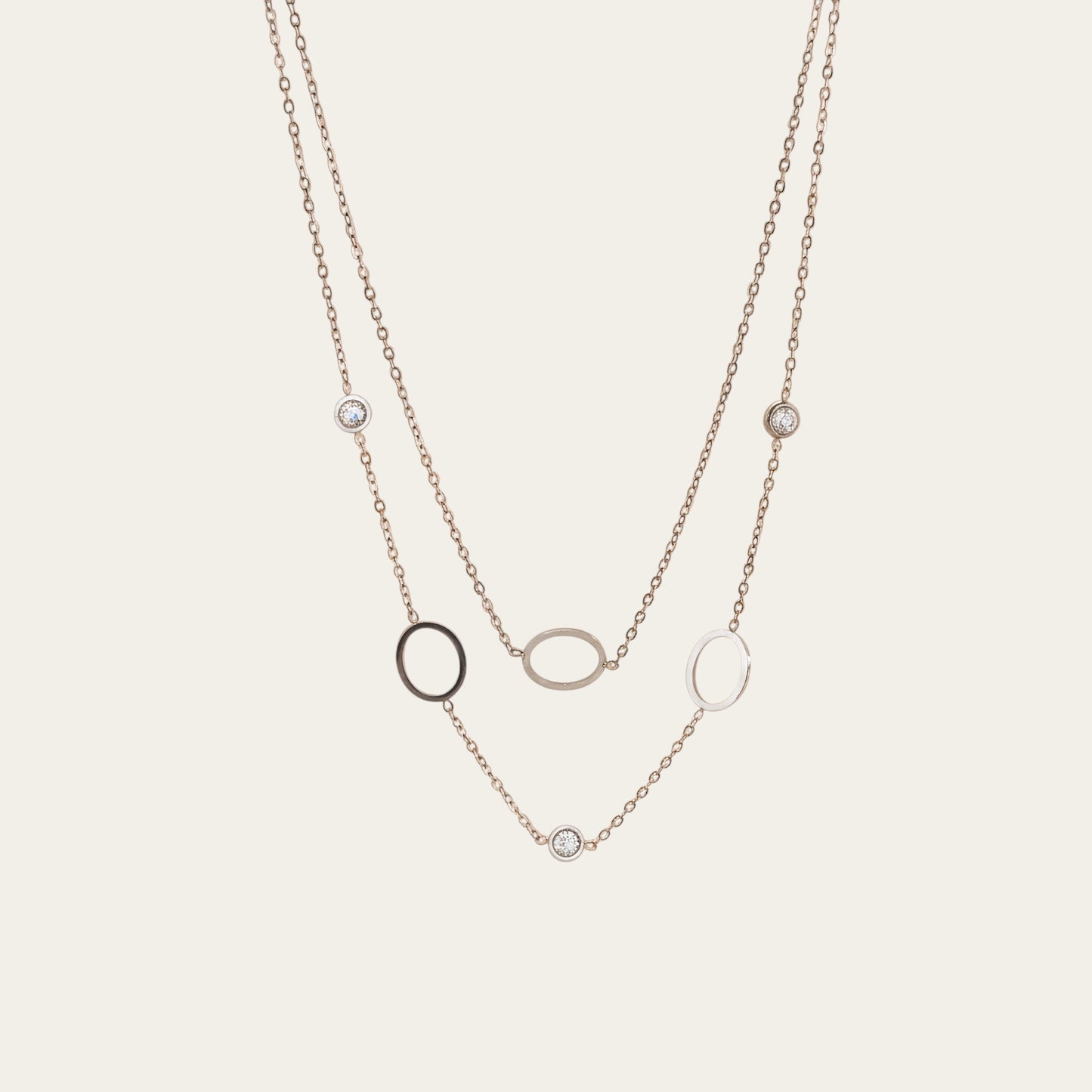 Time4Me silver-tone double chain necklace featuring three delicate rings and sparkling rhinestone accents