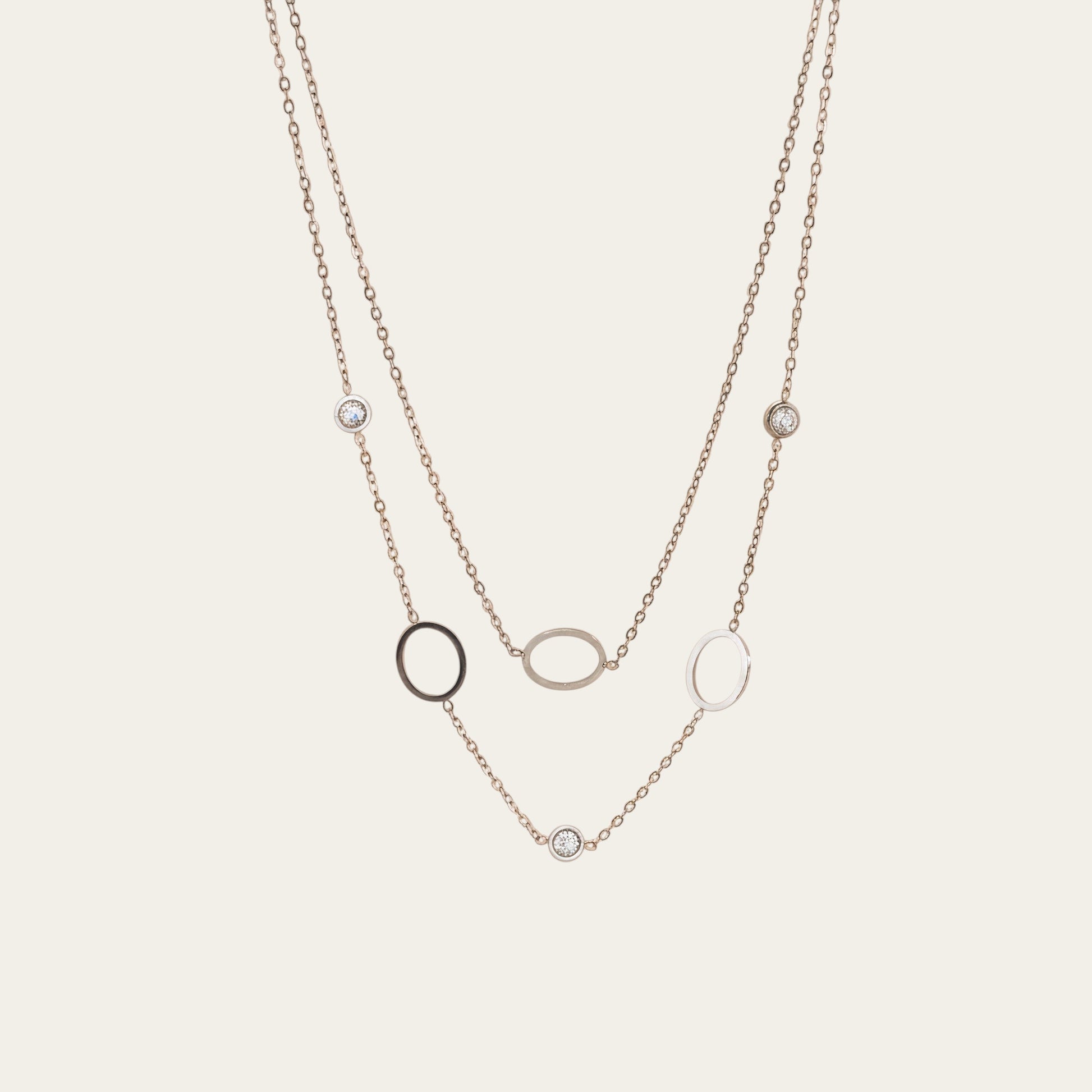 Time4Me silver-tone double chain necklace featuring three delicate rings and sparkling rhinestone accents