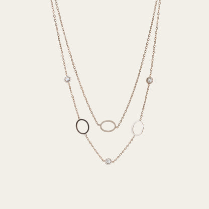 Time4Me silver-tone double chain necklace featuring three delicate rings and sparkling rhinestone accents