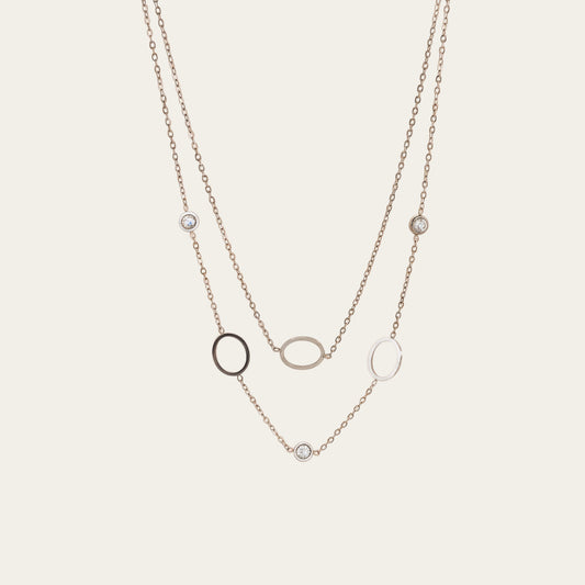 Time4Me silver-tone double chain necklace featuring three delicate rings and sparkling rhinestone accents