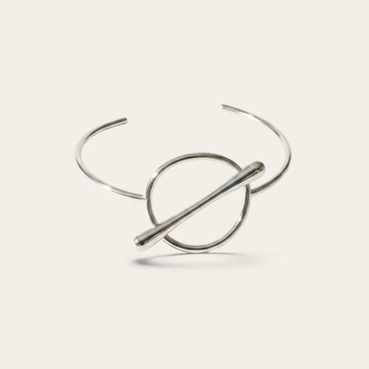 Time4Me silver open cuff bracelet featuring a minimalist geometric circle and bar design in stainless steel.