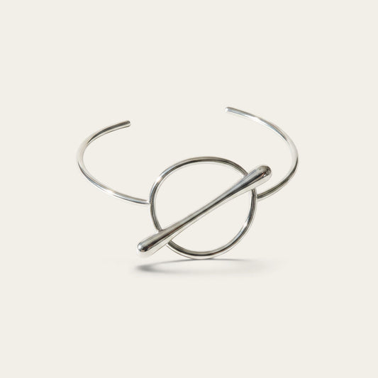 Time4Me silver open cuff bracelet featuring a minimalist geometric circle and bar design in stainless steel.