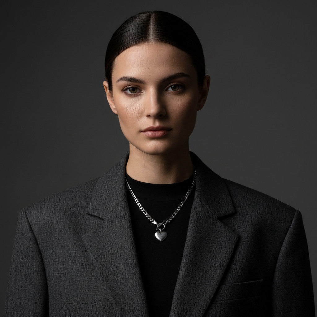 Time4Me silver stainless steel gourmet chain necklace with a toggle clasp and a smooth heart pendant on a model