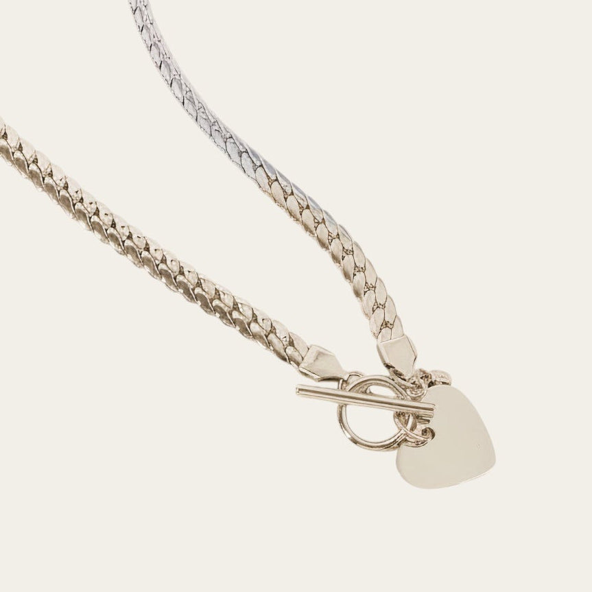 Time4Me silver-tone stainless steel gourmet chain necklace with a toggle clasp and a smooth heart pendant.