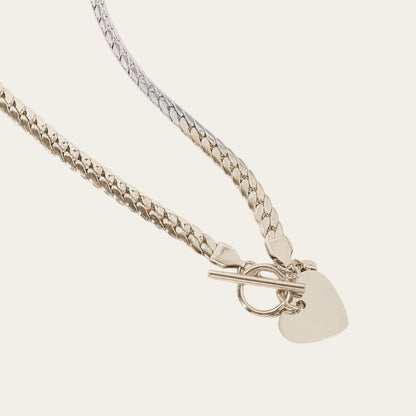 Time4Me silver-tone stainless steel gourmet chain necklace with a toggle clasp and a smooth heart pendant.