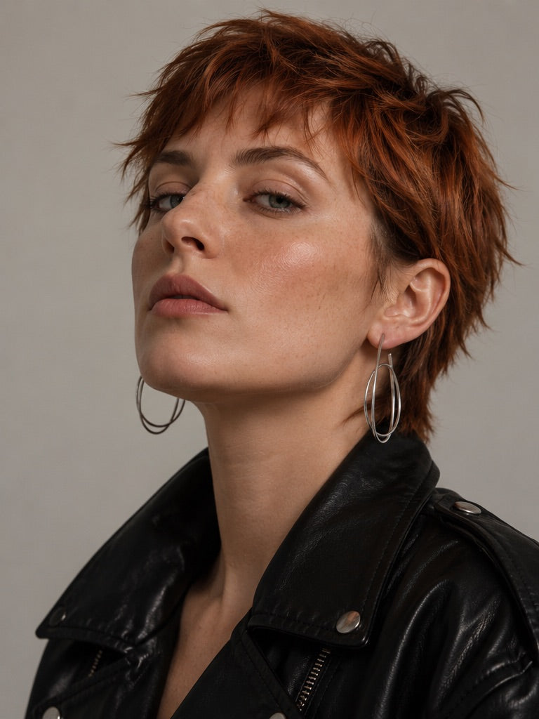 Time4Me silver hoop earrings with an intertwined ring design worn by a woman with short red hair and a leather jacket.