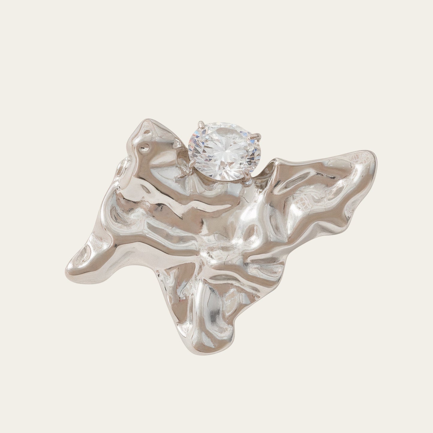 Time4Me adjustable silver stainless steel ring with an irregular crinkled plate design and a sparkling rhinestone.