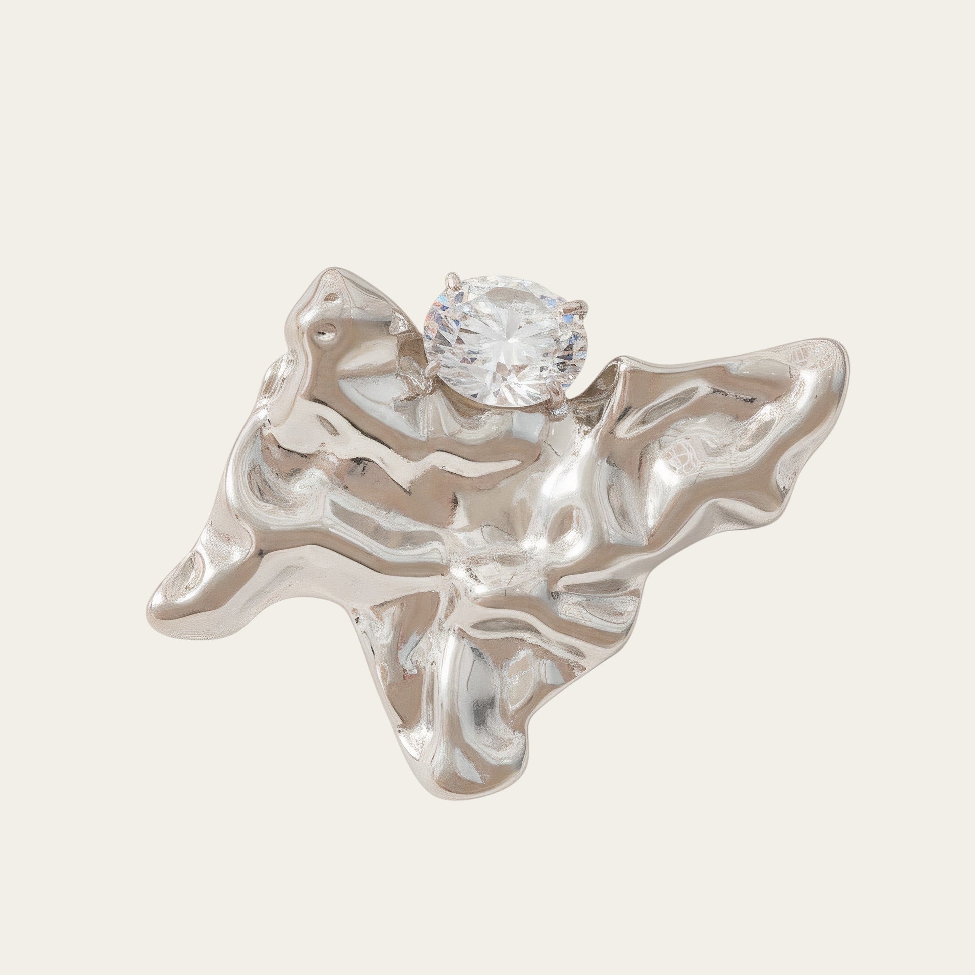 Time4Me adjustable silver stainless steel ring with an irregular crinkled plate design and a sparkling rhinestone.