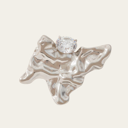 Time4Me adjustable silver stainless steel ring with an irregular crinkled plate design and a sparkling rhinestone.