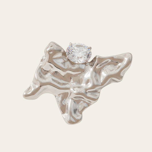 Time4Me adjustable silver stainless steel ring with an irregular crinkled plate design and a sparkling rhinestone.