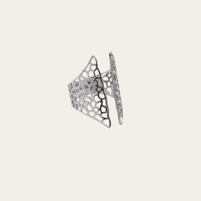 Time4Me silver-tone stainless steel ring with an open front and intricate geometric cut-out pattern