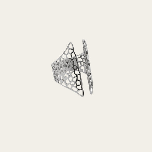 Time4Me silver-tone stainless steel ring with an open front and intricate geometric cut-out pattern