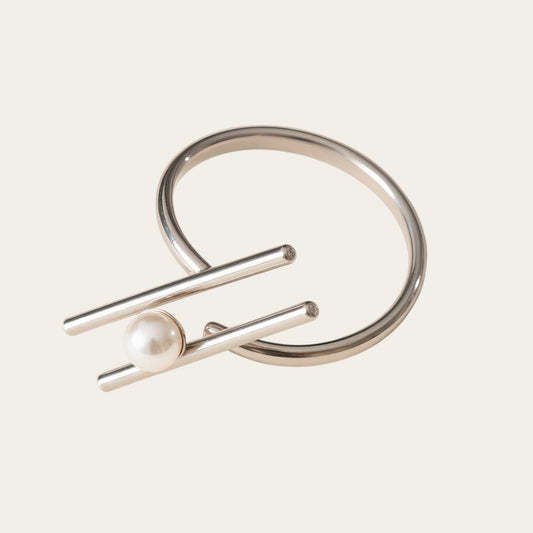 Time4Me minimalist silver-tone stainless steel adjustable ring featuring a single white pearl accent