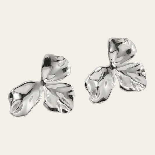 Time4Me silver-toned stainless steel petal earrings with a polished organic floral design