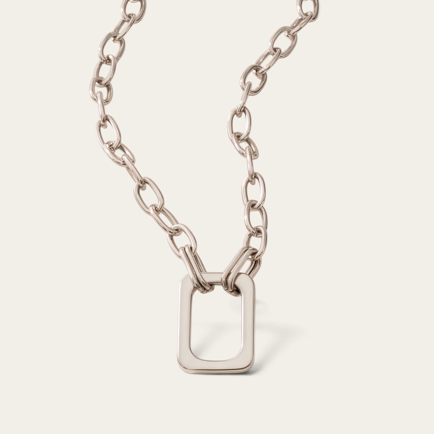 Time4Me silver stainless steel chain necklace featuring a polished rectangular pendant link
