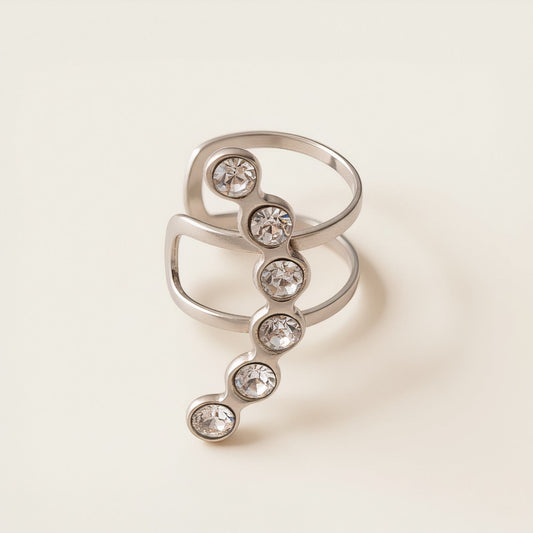 Time4Me silver stainless steel ear cuff featuring a curved design with six sparkling clear rhinestones