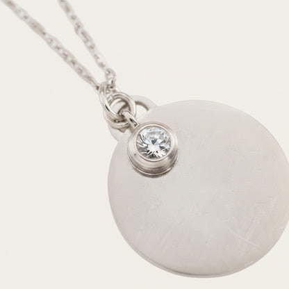 Time4Me silver stainless steel necklace with a round pendant for engraving and a single sparkling rhinestone accent