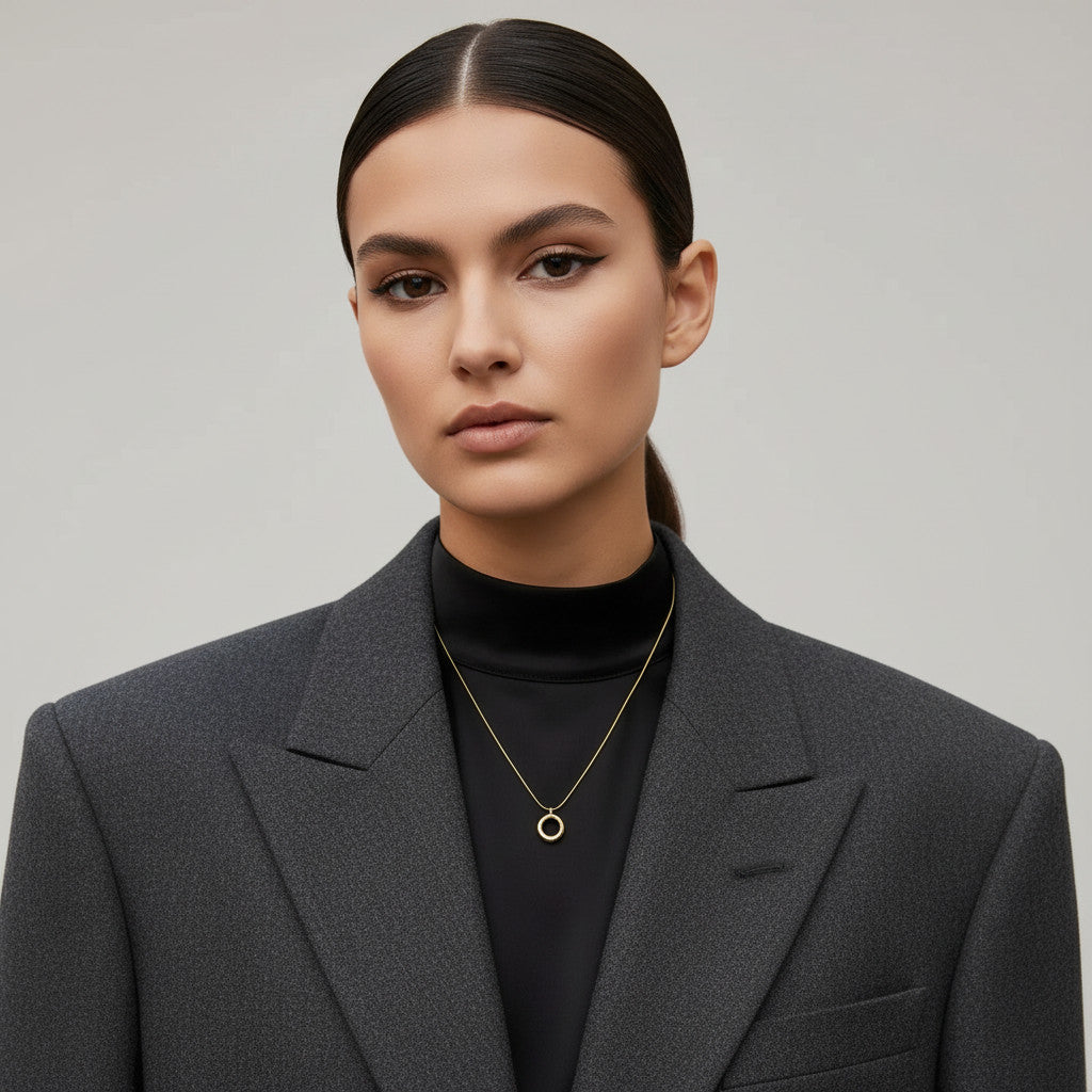 Time4Me silver-tone thin snake chain necklace with a rounded mirror-effect ring pendant worn by a woman in a blazer