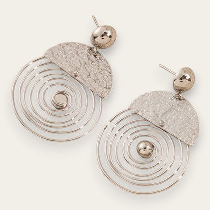 Time4Me silver-tone stainless steel spiral earrings with a textured half-moon design and stud closure.