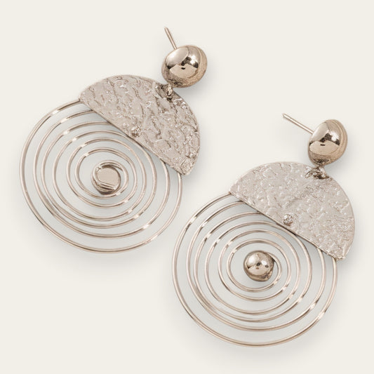 Time4Me silver-tone stainless steel spiral earrings with a textured half-moon design and stud closure.