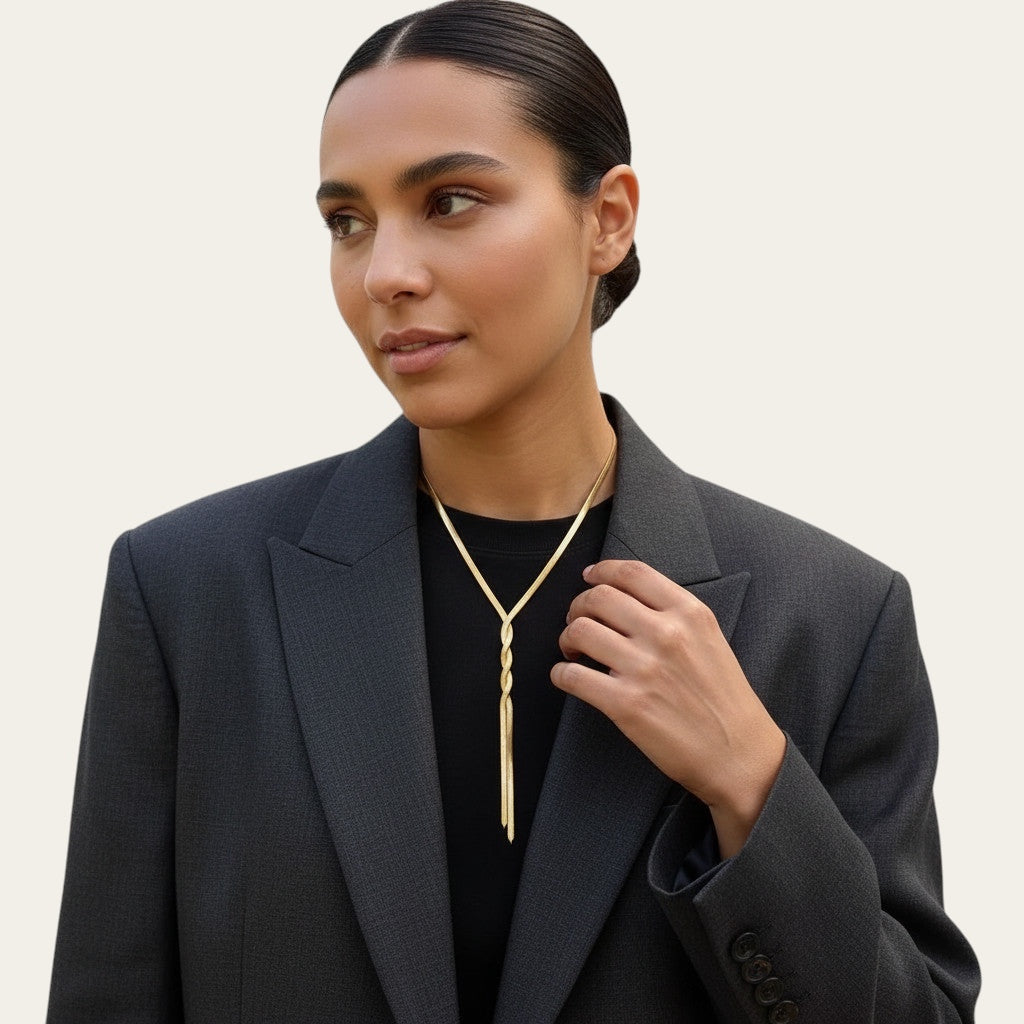 Time4Me silver-toned Y-shaped twisted snake chain necklace worn by a model in a dark blazer