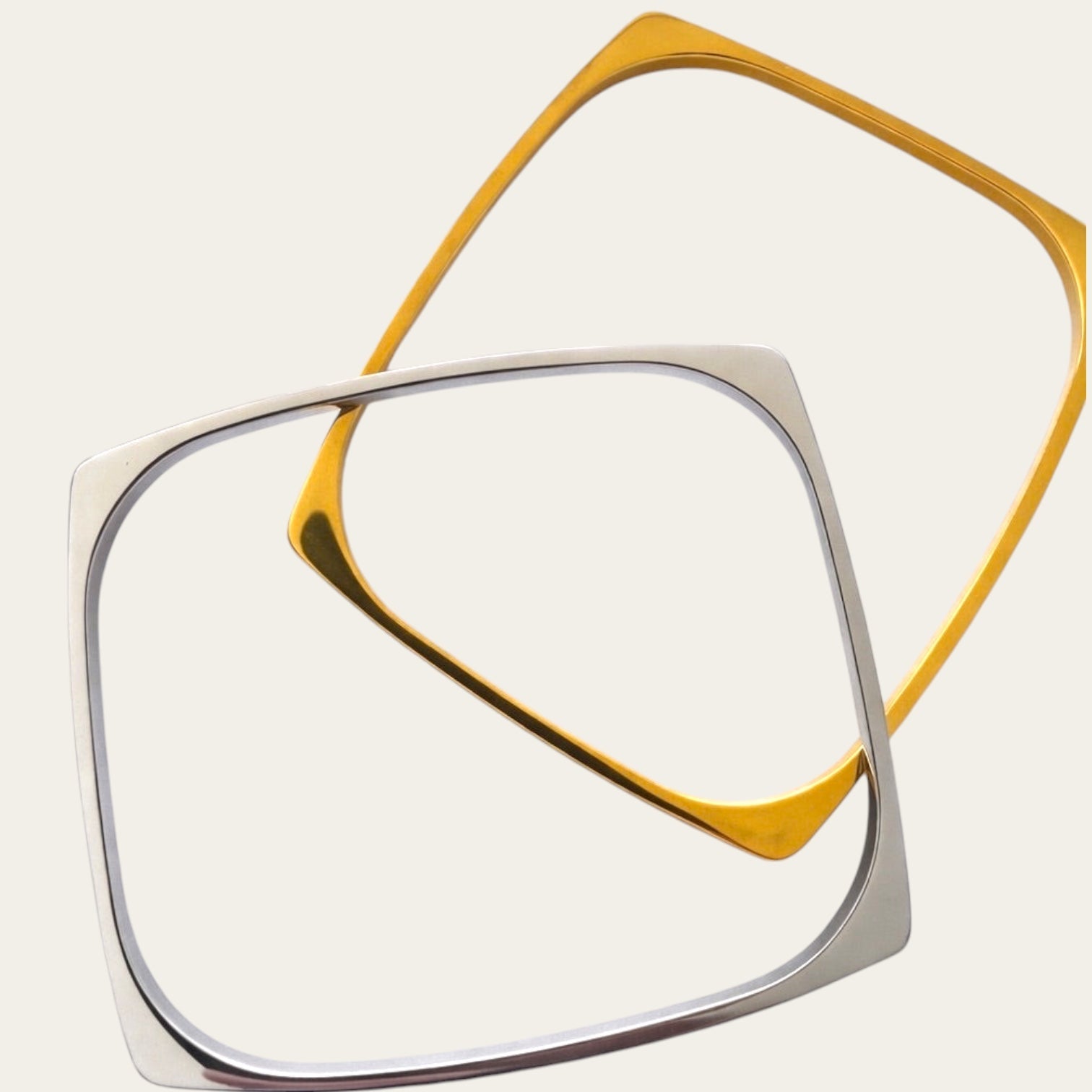 Time4Me square stainless steel bracelets in gold and silver tones, 6.5cm diameter for versatile styling.