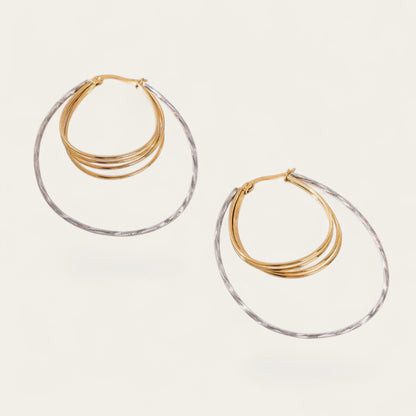 Time4Me two-tone hoop earrings featuring connected oval rings with a textured finish in gold and silver stainless steel