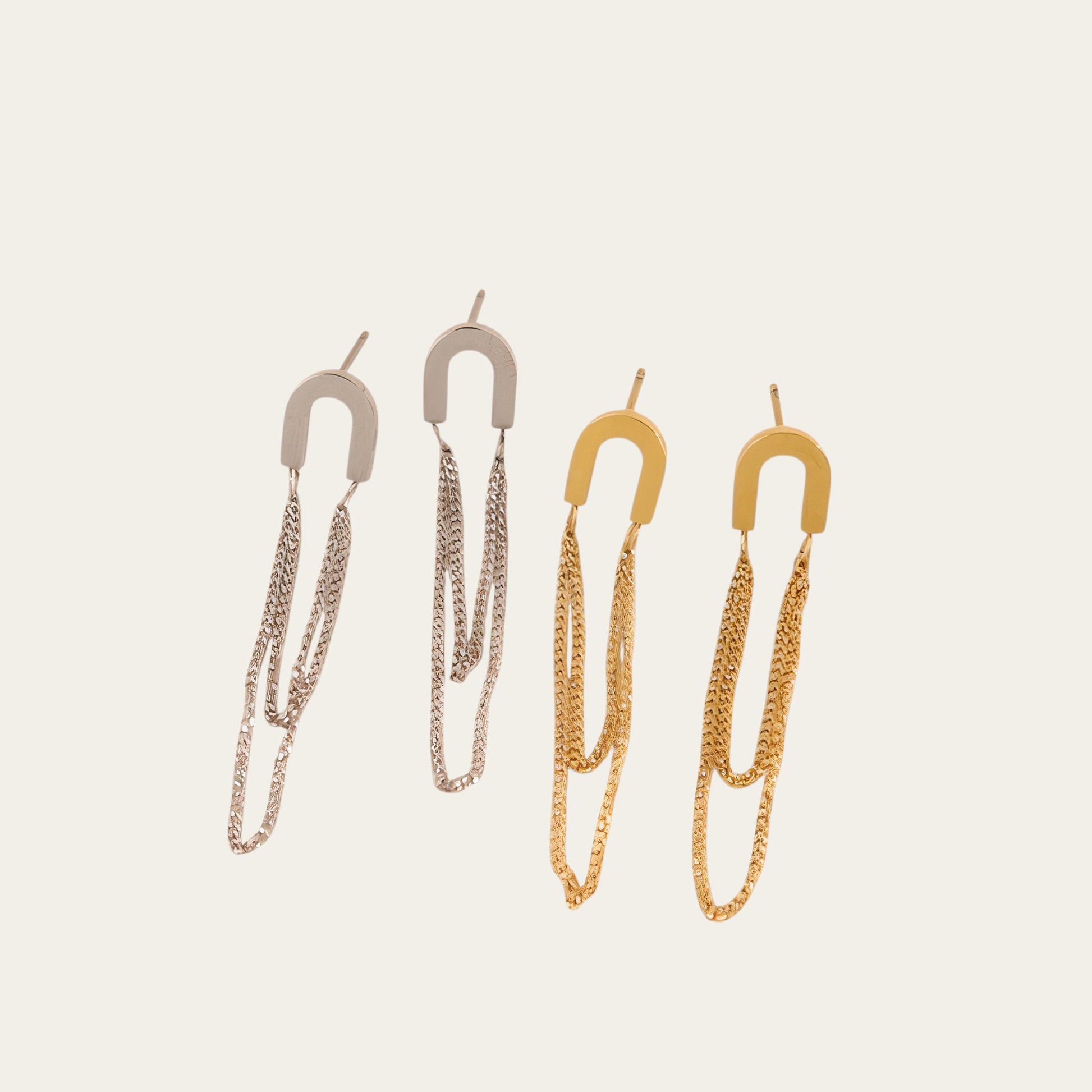 Time4Me U-shaped drop earrings with double chains in silver and gold stainless steel