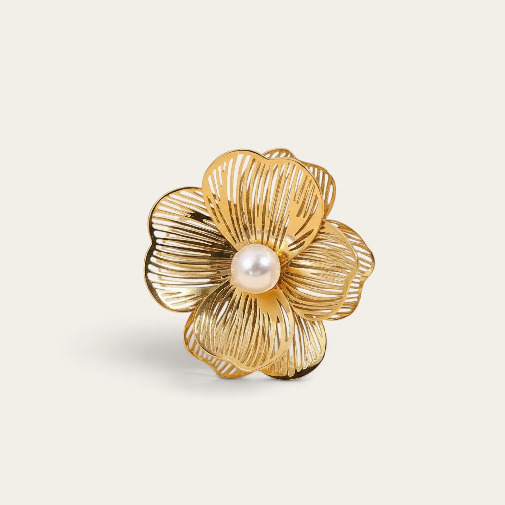 Time4Me vintage gold-tone adjustable ring featuring a delicate openwork flower design with a central pearl accent.