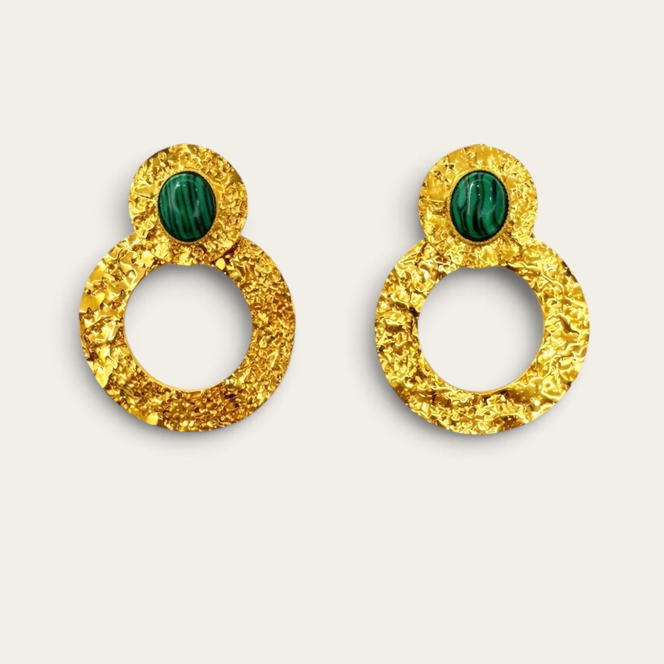 Time4Me vintage 70s style gold-tone stainless steel hoop earrings with green oval stone accents and textured finish