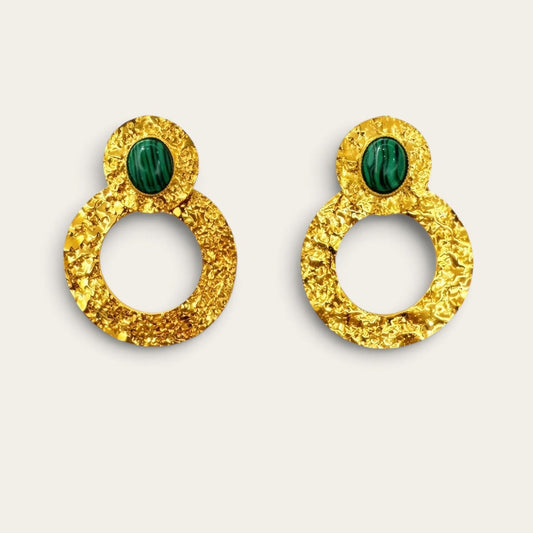 Time4Me vintage 70s style gold-tone stainless steel hoop earrings with green oval stone accents and textured finish