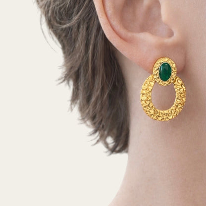 Time4Me vintage 70s style gold-tone stainless steel hoop earrings with a green oval stone worn on a model