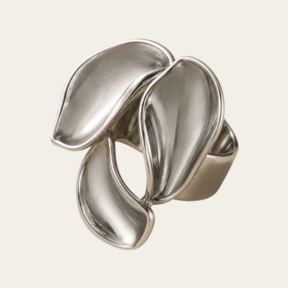 Time4Me adjustable silver-tone stainless steel ring featuring a sculptural three-petal floral design