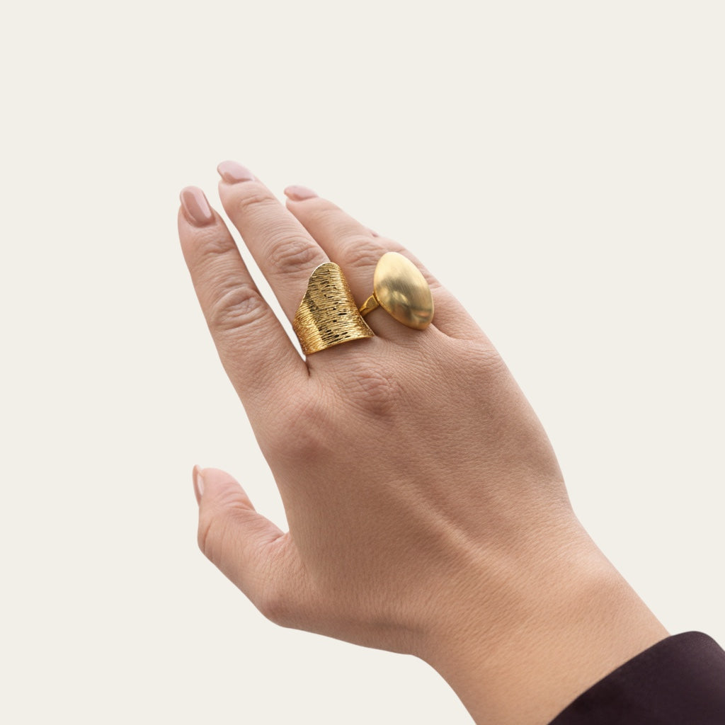 Time4Me wide gold-tone adjustable ring with engraved multiple lines worn on a woman's hand