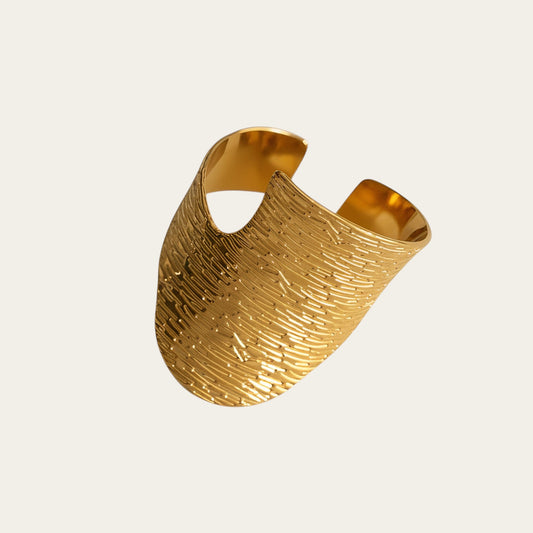 Time4Me wide gold-tone stainless steel ring with textured engraved lines and an adjustable open design